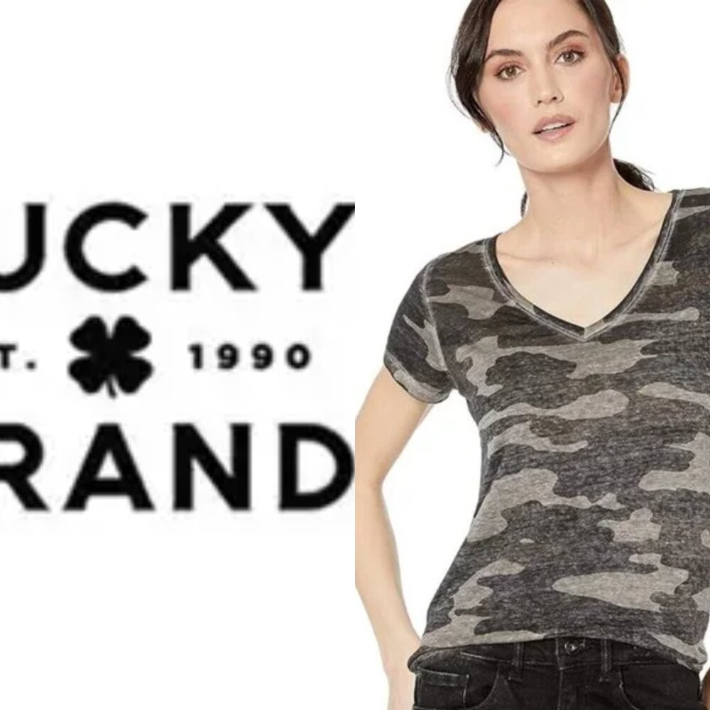 Lucky Brand Women's Black and Gray Camouflage Tee